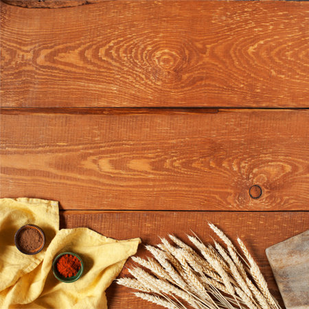 Wooden background with cereal and yellow napkin