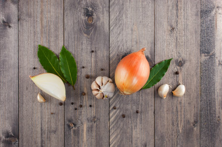 Ingredients for cooking on the gray wooden table, top view の写真素材