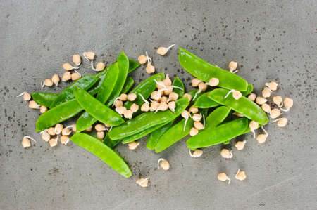 Mix of sweet peas pods and sprouted chickpeas on the gray tableの写真素材