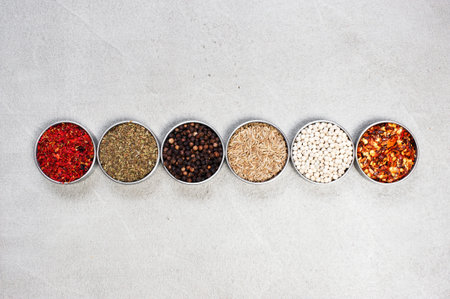 Various oriental spices on the gray textured table, top view 