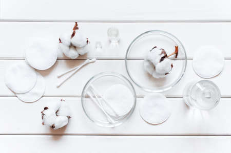 Hygienic products for daily body care on the white wooden tableの写真素材