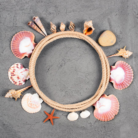 Frame of rope and sea shells, copy space