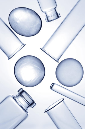 Empty transparent medicine glass bottles,  top view