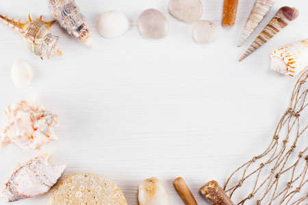 Abstract background with nautical elements on the white wooden surface, copy spaceの写真素材