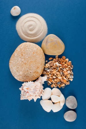 Abstract composition of various sea shells, sand and stones on the blue background, flat layの写真素材