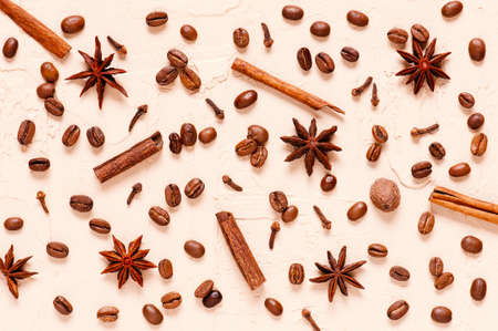 Pattern of ingredients for spicy coffee, top viewの写真素材