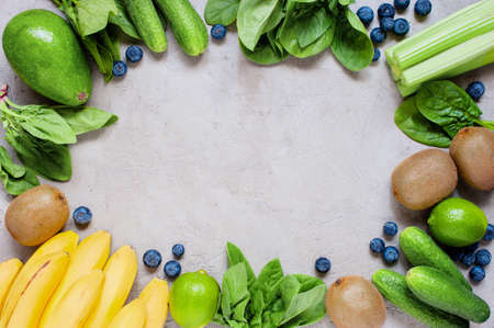 Background with fresh healthy vegetables and fruits, copy spaceの写真素材