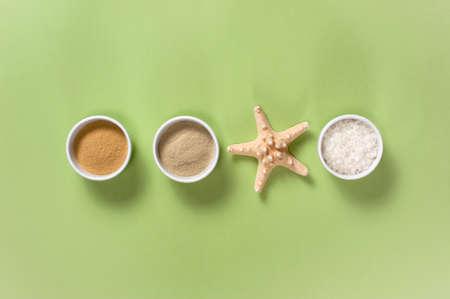 Composition of bath cosmetics on the green background, flat layの写真素材