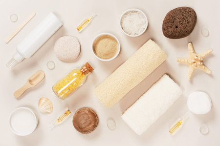 Diagonal composition of bath cosmetics on the light background, top view