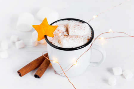 Christmas composition with cocoa and marshmallow, festive decorationの写真素材
