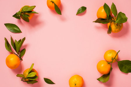 Background with fresh ripe tangerines on pinkの写真素材