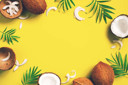 Bright yellow tropical background with coconuts and palm leaves, copy spaceの写真素材
