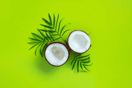 Coconut halves and palm leaves on the bright green background, top viewの写真素材