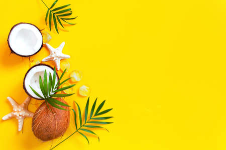Bright yellow tropical summer background with coconut, copy spaceの写真素材