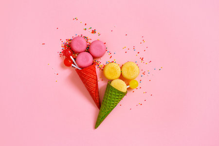 Concept of candy ice cream in the red waffle cones, bright composition
