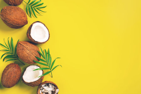 Bright yellow tropical background with coconuts and palm leaves, copy spaceの写真素材