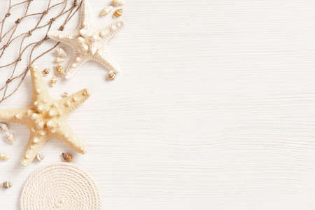 White textured wooden surface decorated with sea shells, copy spaceの写真素材