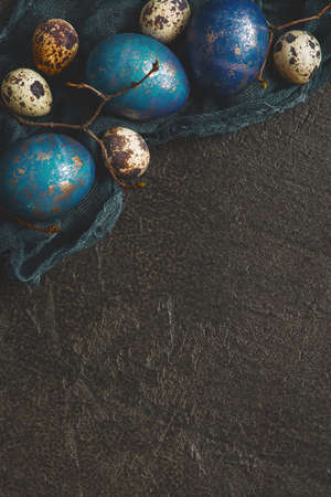 Background with various decorated Easter eggs, copy spaceの写真素材