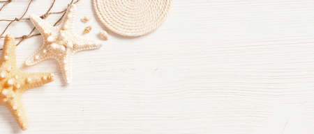 White textured wooden surface decorated with sea shells, copy spaceの写真素材