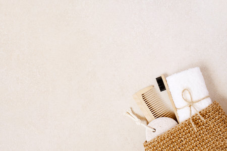 Natural personal care products on the light beige table, zero waste philosophy, top view composition, copy spaceの写真素材