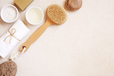 Organic body care and natural personal care products on the light beige table, top view compositionの写真素材