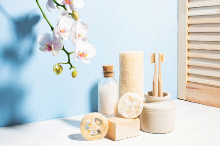 Set of personal care products, concept of zero waste lifestyle, bathroom accessoriesの写真素材