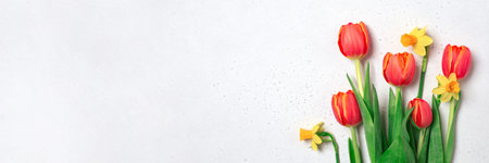 Banner with spring flowers on the white table, colorful background with red tulips and yellow...