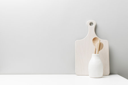 White kitchen background, minimalistic background with copy spaceの写真素材