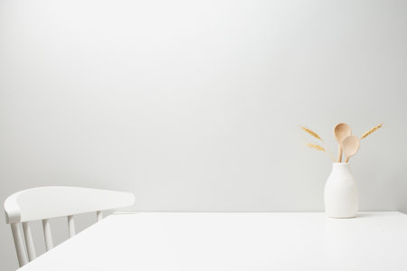 White kitchen background, dining room, minimalistic background with copy spaceの写真素材