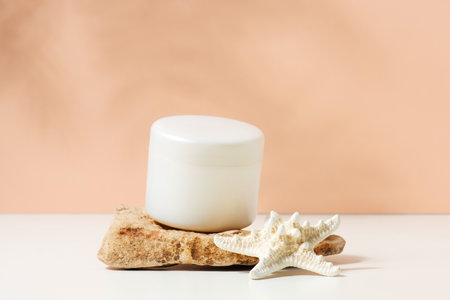 Natural background with container for cosmetics on the stone, abstract scene with copy spaceの写真素材