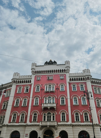outside view of pink building in sunny summer Pragueの写真素材