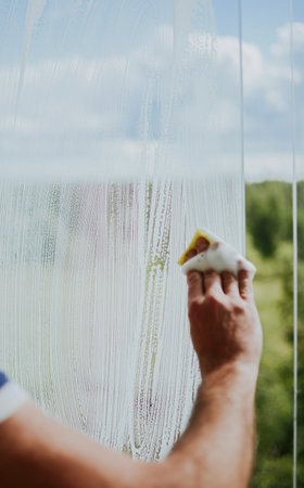 male hand spraying soap for washing windows with detergents and utensils against nature background