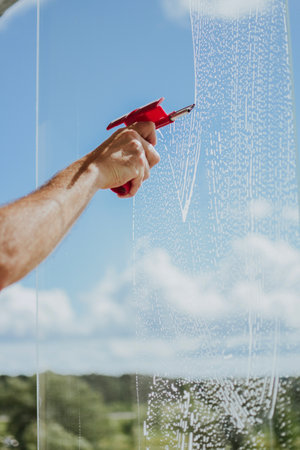 a man's hand cleans the windows on the balcony with detergents and tools against the sky and treesの写真素材