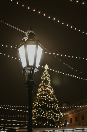 lantern with icicles against the background of a Christmas tree at the citys winter fairの写真素材