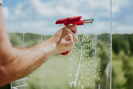a man cleans windows on the balcony using detergents and tools against the sky and treesの写真素材