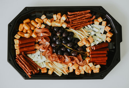 various snacks in the form of meats and cheeses with grape on a plate on a white backgroundの写真素材