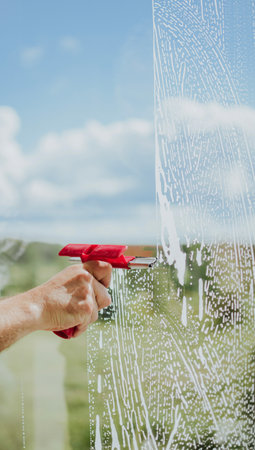 a mans hand cleans the windows on the balcony with detergents and tools against the sky and treesの写真素材
