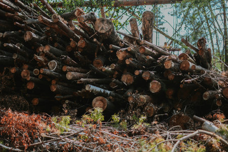 a large pile of broken trees and firewood against the backdrop of a green forestの写真素材