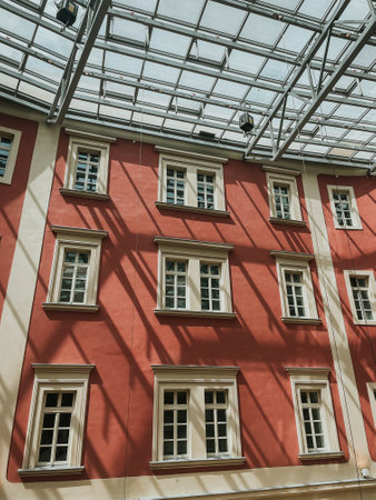 inside view of pink shopping mall in sunny summer Pragueの写真素材