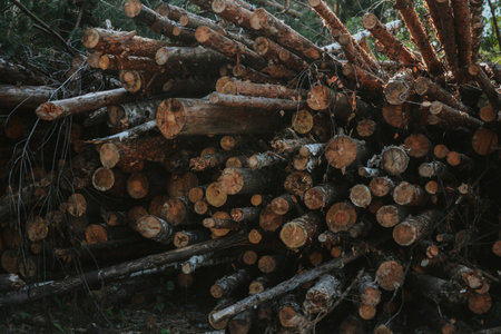 macro shooting of a large pile of broken trees and firewood against the backdrop of a green forestの写真素材