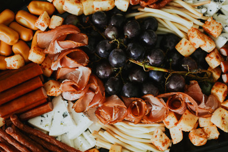 macro shooting of various snacks in the form of meats and cheeses with grape on a plateの写真素材