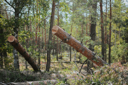 a large forest with pine and birch trees where was a storm and some trees were damaged and broken
