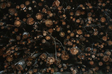 macro shooting of a large pile of broken trees and firewood against the backdrop of a green forestの写真素材