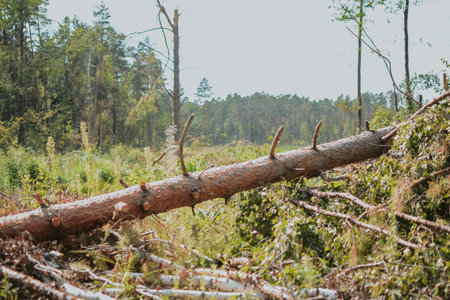 a large forest with pine and birch trees where was a storm and some trees were damaged and brokenの写真素材