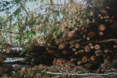 a large pile of broken trees and firewood against the backdrop of a green forest