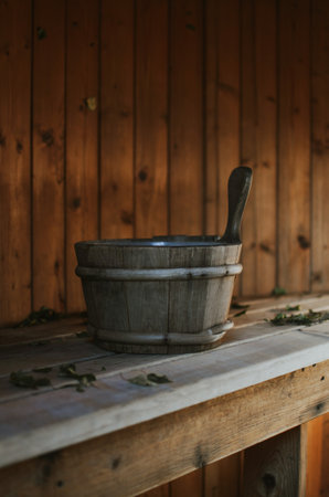 Finnish wooden sauna with a basin for cold water and a broomの写真素材