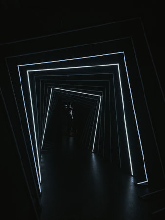 motion-sensitive corridor from paths of color to door to passage in a museumの写真素材