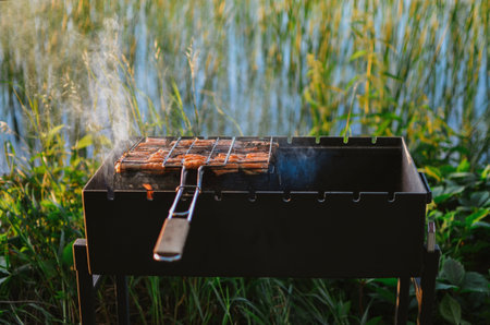 grill with hot coals for cooking grilled meat on the lake on a summer day