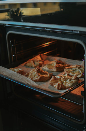 cooked buns in the oven with an open door in the kitchen by a chefの写真素材