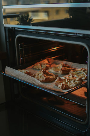 cooking buns in the oven with an open door in the kitchen of a restaurant by a chefの写真素材